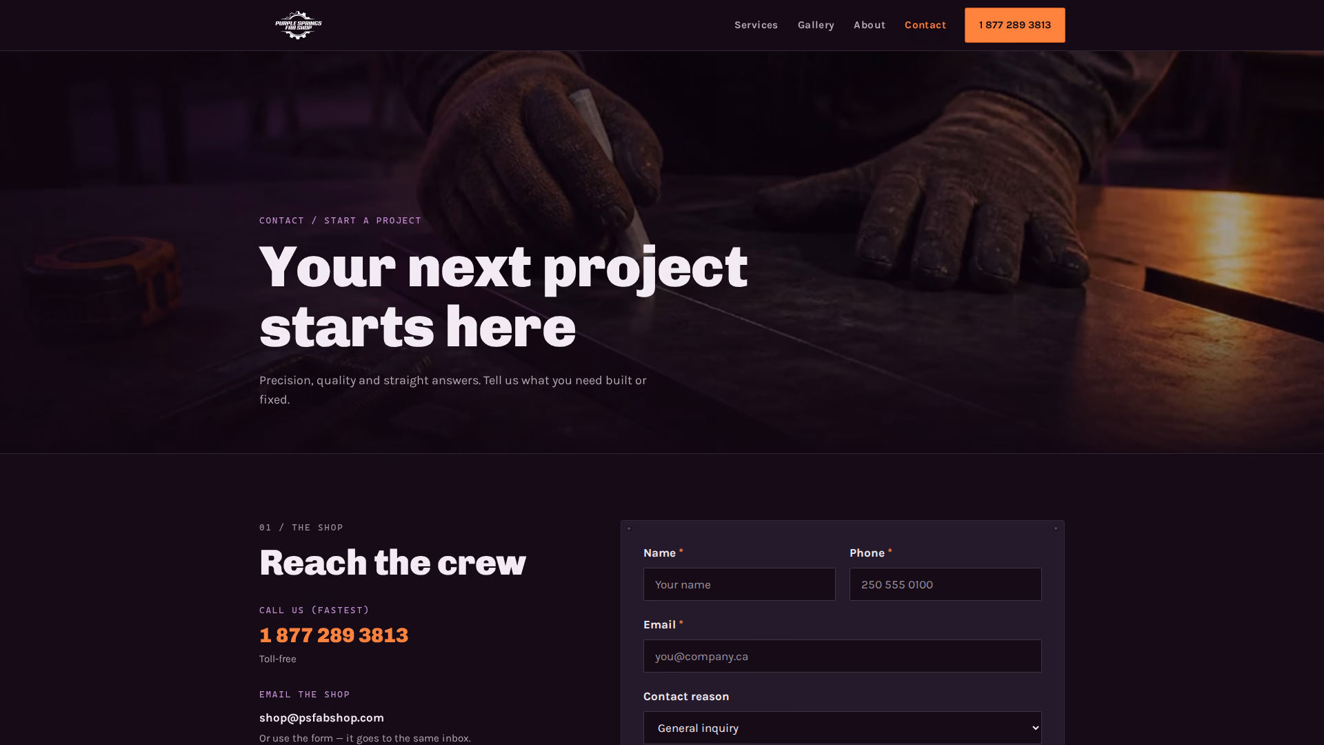 Purple Springs Fab Shop contact us page (desktop)